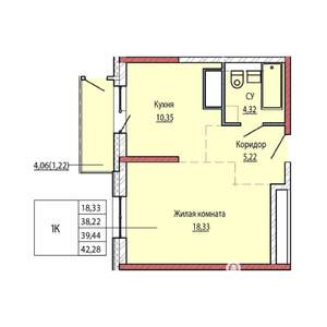 1-к квартира, строящийся дом, 39м2, 21/25 этаж