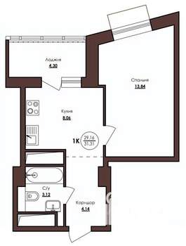 1-к квартира, строящийся дом, 31м2, 19/23 этаж
