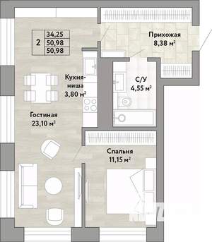 2-к квартира, вторичка, 51м2, 20/22 этаж
