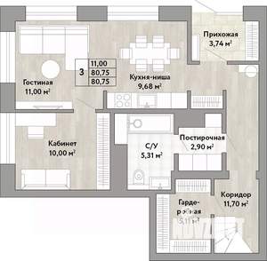 3-к квартира, вторичка, 81м2, 1/22 этаж