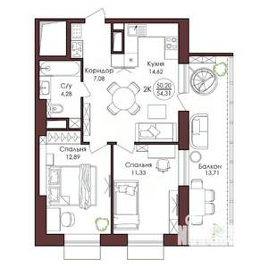 2-к квартира, вторичка, 54м2, 16/23 этаж