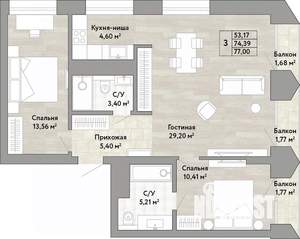 3-к квартира, вторичка, 74м2, 18/22 этаж