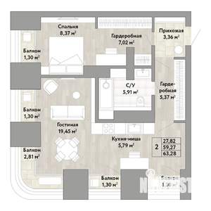 2-к квартира, строящийся дом, 59м2, 20/22 этаж