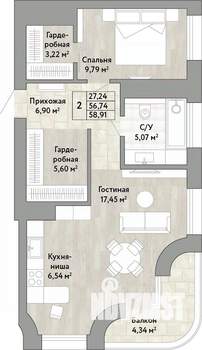 2-к квартира, вторичка, 57м2, 18/22 этаж
