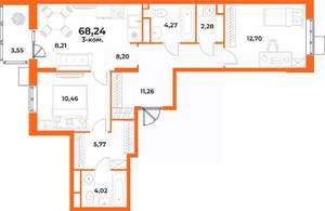 3-к квартира, вторичка, 68м2, 2/10 этаж