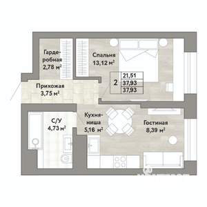 2-к квартира, строящийся дом, 38м2, 3/22 этаж