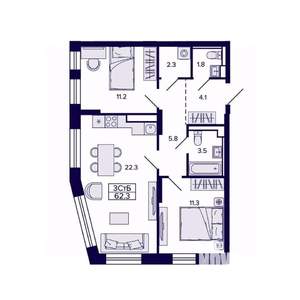 3-к квартира, строящийся дом, 62м2, 26/30 этаж