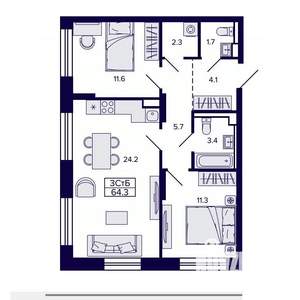 3-к квартира, строящийся дом, 64м2, 6/30 этаж