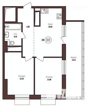 2-к квартира, строящийся дом, 55м2, 17/23 этаж