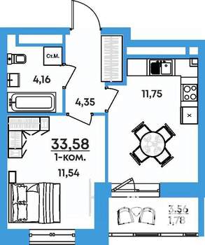 1-к квартира, вторичка, 34м2, 17/17 этаж