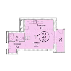 1-к квартира, строящийся дом, 29м2, 8/15 этаж