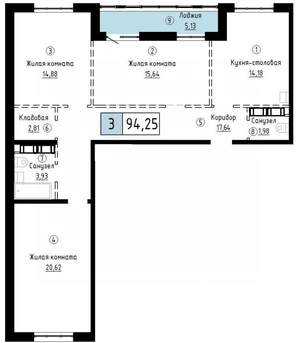 3-к квартира, вторичка, 94м2, 22/23 этаж