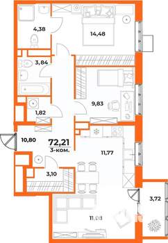 3-к квартира, вторичка, 72м2, 8/10 этаж