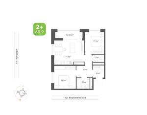 2-к квартира, вторичка, 61м2, 18/20 этаж