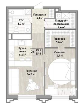 2-к квартира, строящийся дом, 56м2, 14/21 этаж