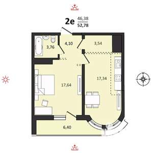 2-к квартира, строящийся дом, 53м2, 24/25 этаж