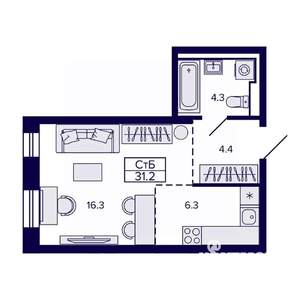 Студия квартира, строящийся дом, 31м2, 19/30 этаж