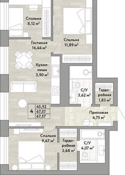 4-к квартира, вторичка, 68м2, 19/22 этаж