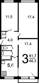 3-к квартира, вторичка, 62м2, 4/5 этаж