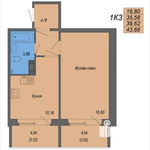 1-к квартира, строящийся дом, 44м2, 9/10 этаж