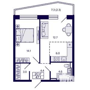 2-к квартира, строящийся дом, 47м2, 3/22 этаж