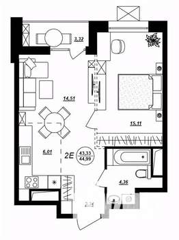 2-к квартира, строящийся дом, 45м2, 4/17 этаж
