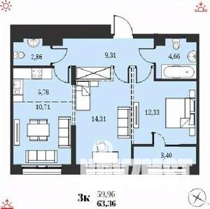 3-к квартира, строящийся дом, 63м2, 4/19 этаж