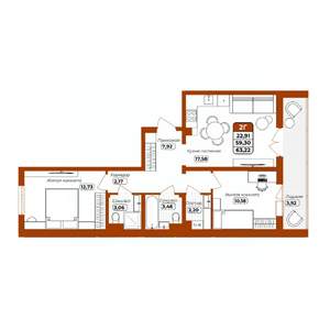2-к квартира, вторичка, 63м2, 2/12 этаж