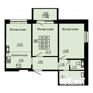 3-к квартира, строящийся дом, 56м2, 3/10 этаж