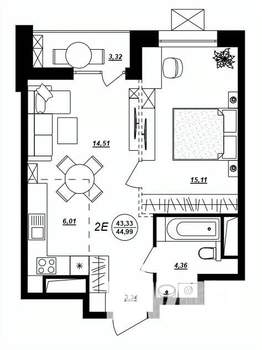 2-к квартира, строящийся дом, 45м2, 13/17 этаж