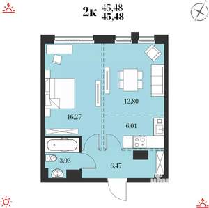 2-к квартира, строящийся дом, 45м2, 13/19 этаж