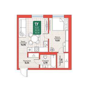 1-к квартира, вторичка, 38м2, 1/12 этаж