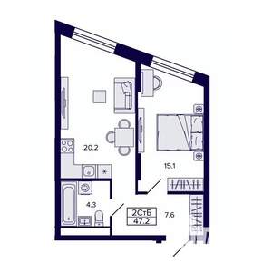2-к квартира, строящийся дом, 47м2, 6/30 этаж