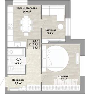 2-к квартира, вторичка, 58м2, 1/22 этаж
