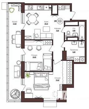 2-к квартира, вторичка, 70м2, 17/23 этаж