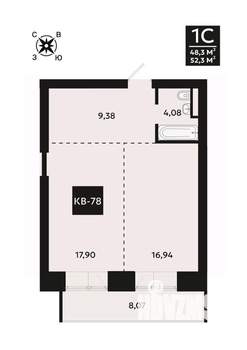 1-к квартира, вторичка, 52м2, 7/8 этаж