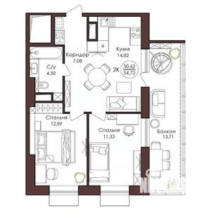 2-к квартира, вторичка, 55м2, 6/23 этаж