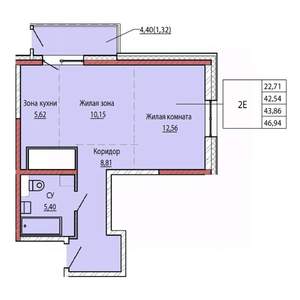 2-к квартира, строящийся дом, 44м2, 20/25 этаж