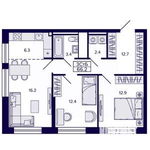 3-к квартира, строящийся дом, 66м2, 17/22 этаж