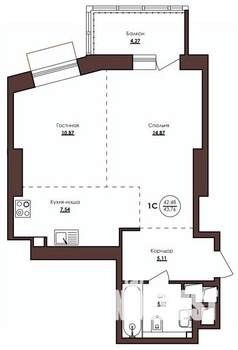 1-к квартира, строящийся дом, 44м2, 5/23 этаж