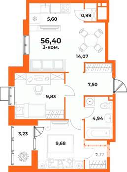 3-к квартира, вторичка, 56м2, 6/10 этаж
