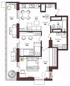 2-к квартира, вторичка, 70м2, 18/23 этаж