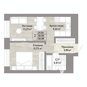 2-к квартира, строящийся дом, 39м2, 17/22 этаж