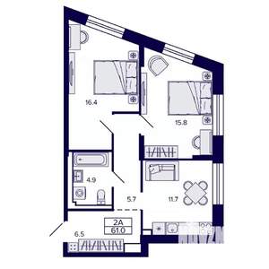 2-к квартира, строящийся дом, 61м2, 14/30 этаж