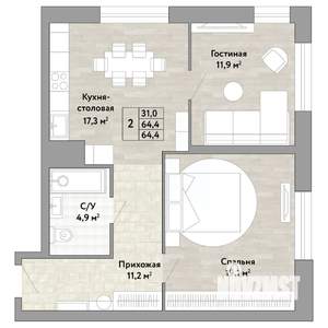 2-к квартира, строящийся дом, 64м2, 2/22 этаж