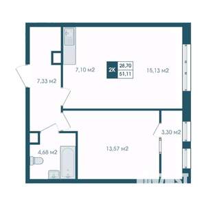 2-к квартира, строящийся дом, 51м2, 10/15 этаж