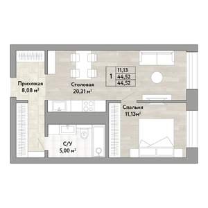 1-к квартира, строящийся дом, 45м2, 22/22 этаж