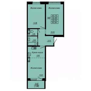 3-к квартира, строящийся дом, 59м2, 9/10 этаж