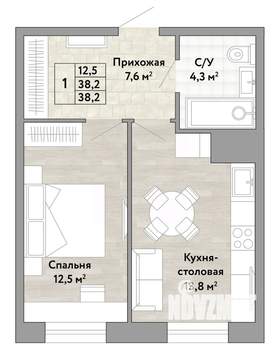 1-к квартира, строящийся дом, 38м2, 14/22 этаж