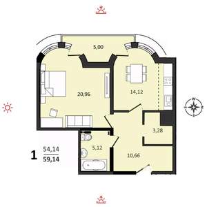 1-к квартира, вторичка, 59м2, 13/25 этаж